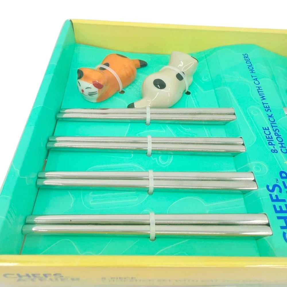 Chefs Atelier 8 Piece Chopstick Set with Kitty Cat Holders Stainless Steel NEW